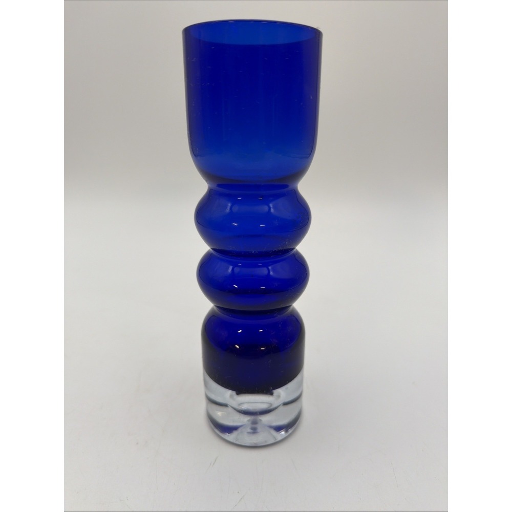Aseda Glasbruk Sweden Bo Borgstrom Blue Bubble Hooped Scandinavian Glass Vase 8"